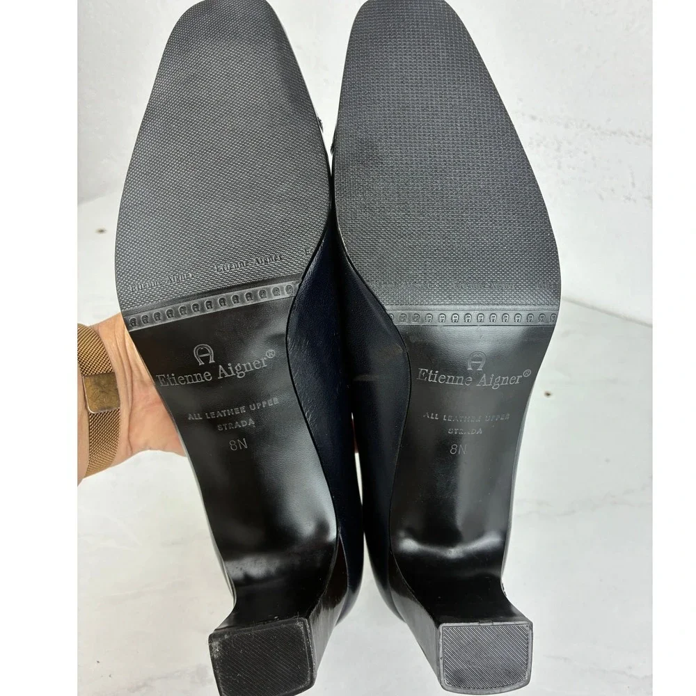 Etienne Aigner Navy Pumps - 8N- Leather Cap Toe Block Heel Strada Classic Office